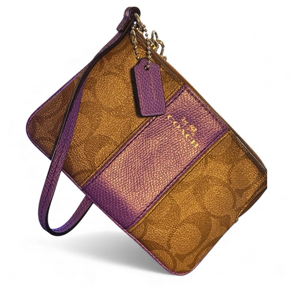 Coach Brown & Purple Leather Coated Canvas Corner-Zip Signature Wristlet